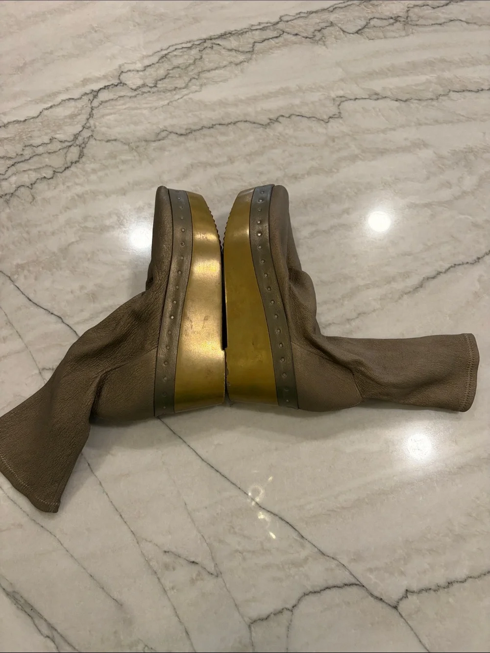 Rick Owens Taupe Sock Platform Wedge Boots with Brass Platform SZ 37